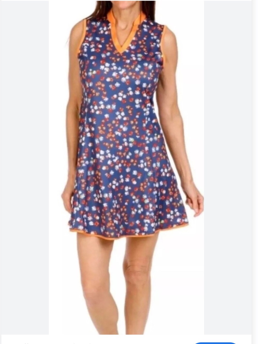 Callaway XL NWT Navy Floral Sleeveless V-Neck Dress with Orange Trim